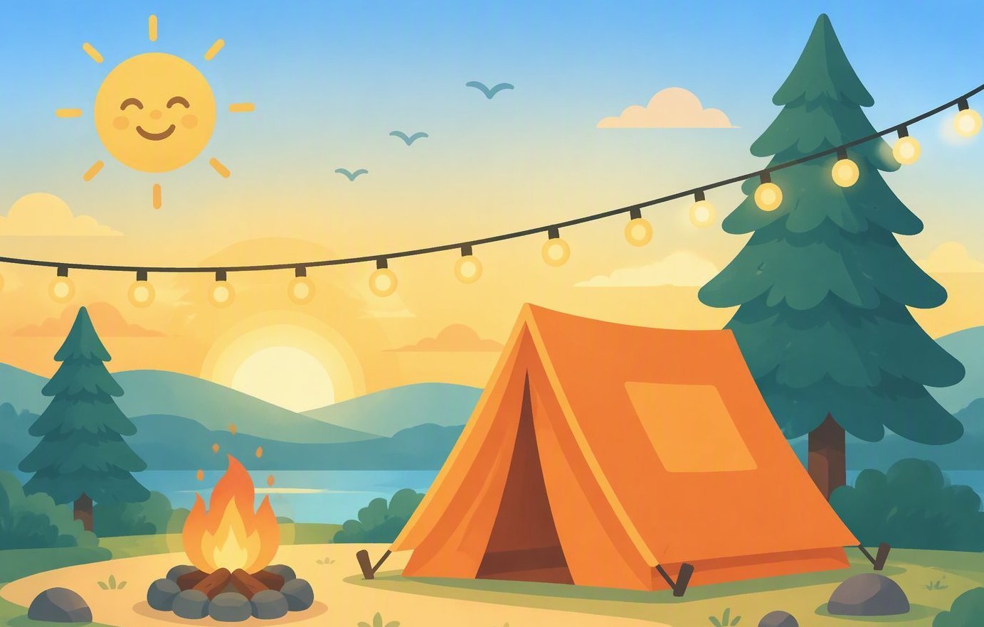 Illustration du camping au coucher du soleil